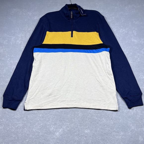 CLUB ROOM STRIPED FLEECE HALF ZIP MOCK NECK SWEATER MEN’S LARGE GRAY/WHITE NWT - Picture 1 of 10